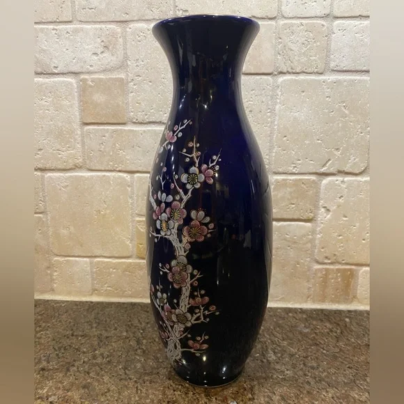 Vintage Japanese Vase Cobalt Blue With Birds & Pink Blossoms 11” Tall - Picture 2 of 4